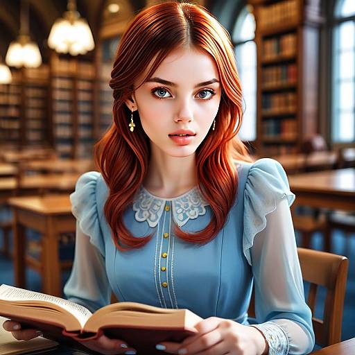 Young Red-haired Woman Reading in Classic Library with Vintage Blue Dress