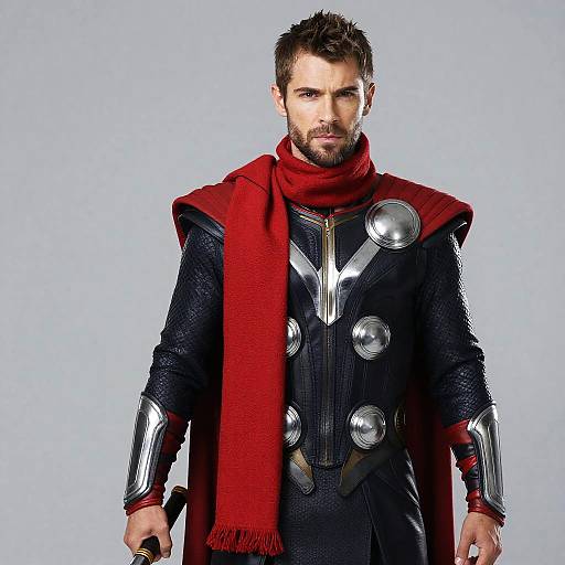 Man in Thor-Inspired Costume with Red Scarf and Black Armor Outfit