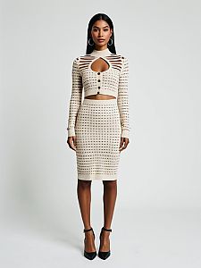 Contemporary Tan Body-Hugging Knit Dress with Long Sleeves and Cut-Out Design