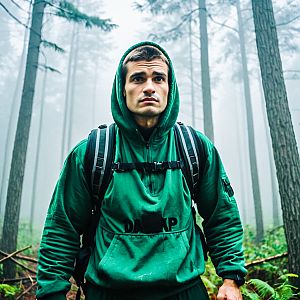 Man in Green Hoodie in Foggy Forest