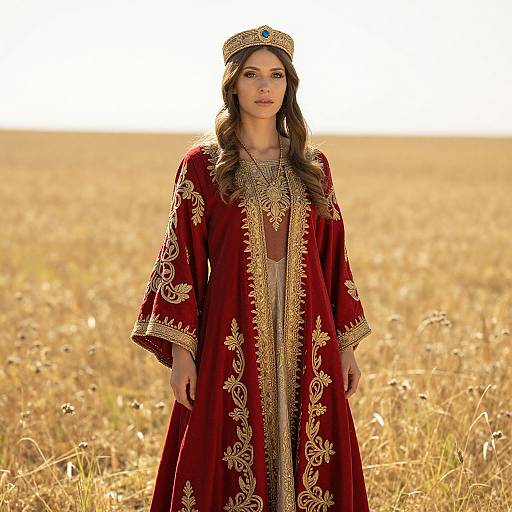 Woman Wearing Traditional Embroidered Red Dress with Ornamental Crown in Field