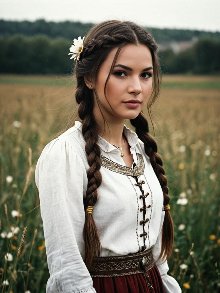Medieval Attire Female in Field with Braided Hair