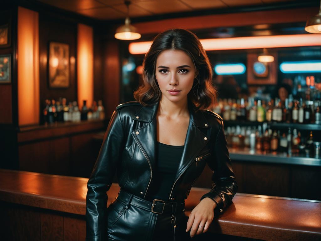 Confident woman in leather at sophisticated bar