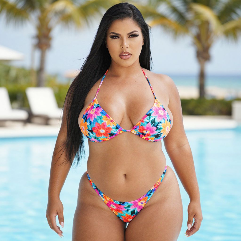 Confident Woman in Floral Bikini by Poolside with Tropical Background