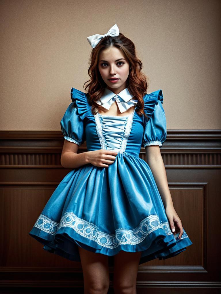 Woman in Blue Vintage Dress with White Lace and Bow