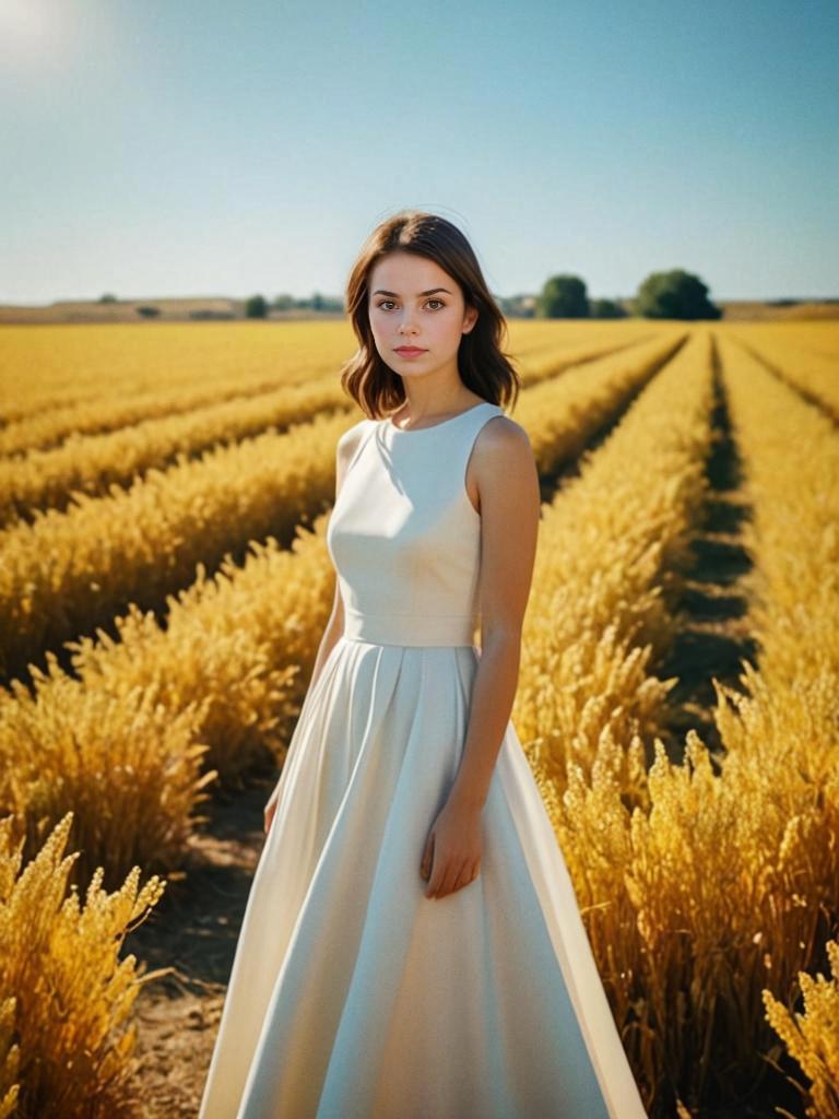 Young Woman in White Dress in Wheat Fields