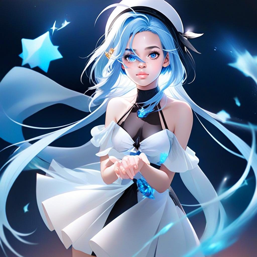 Fantasy Digital Anime Art of Young Woman with Blue Hair and Glowing Accents