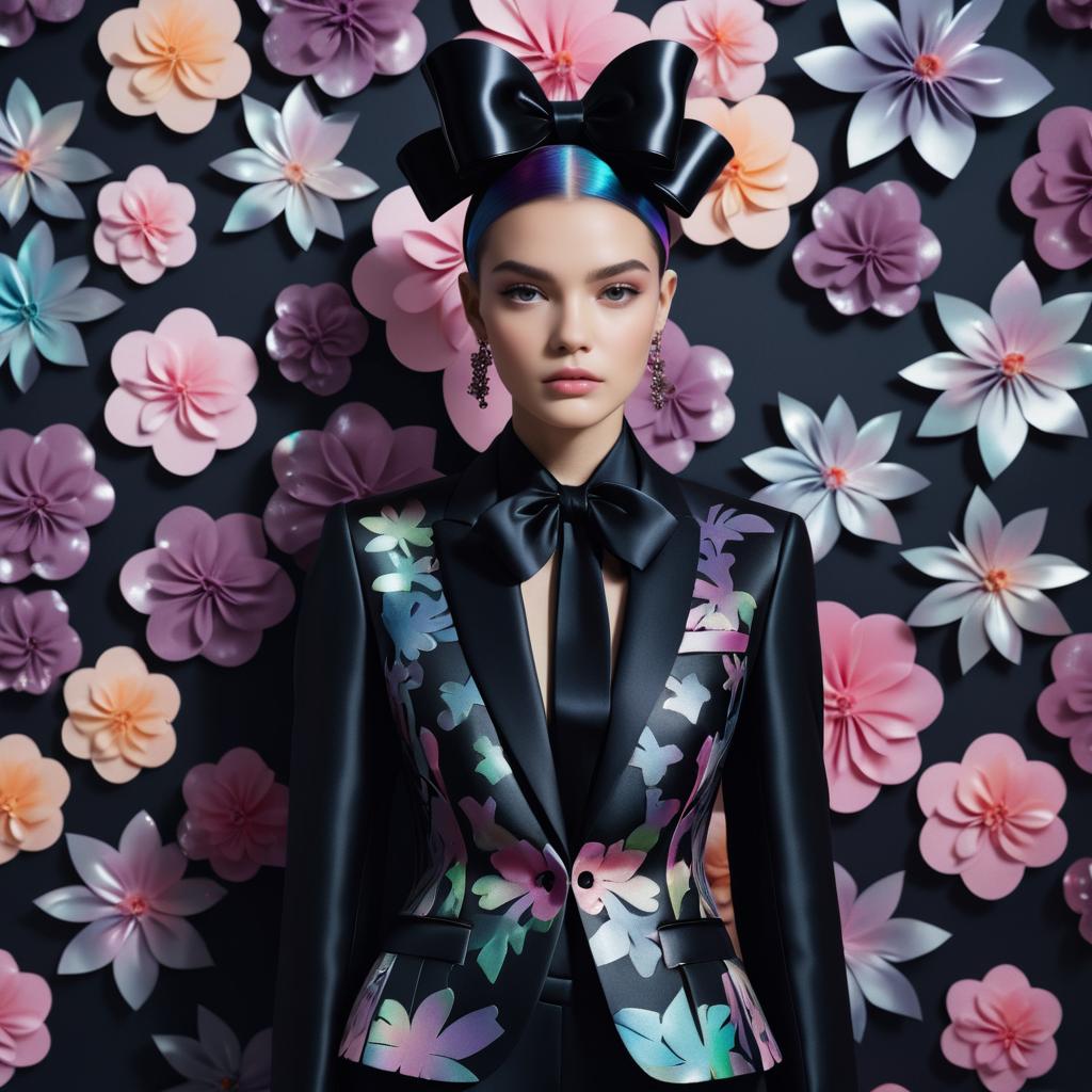 Woman in Floral Suit with Black Bow