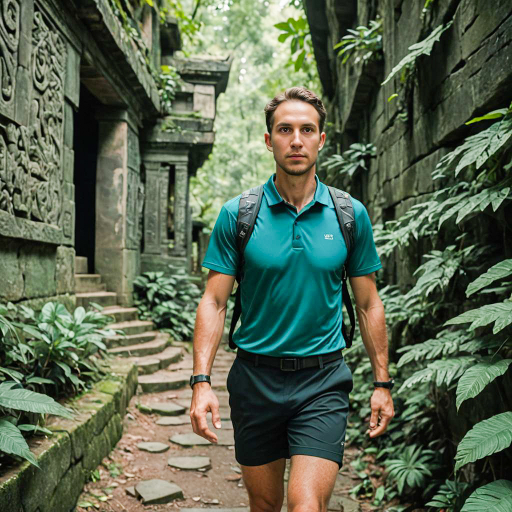 Man Exploring Lush Temple Ruins