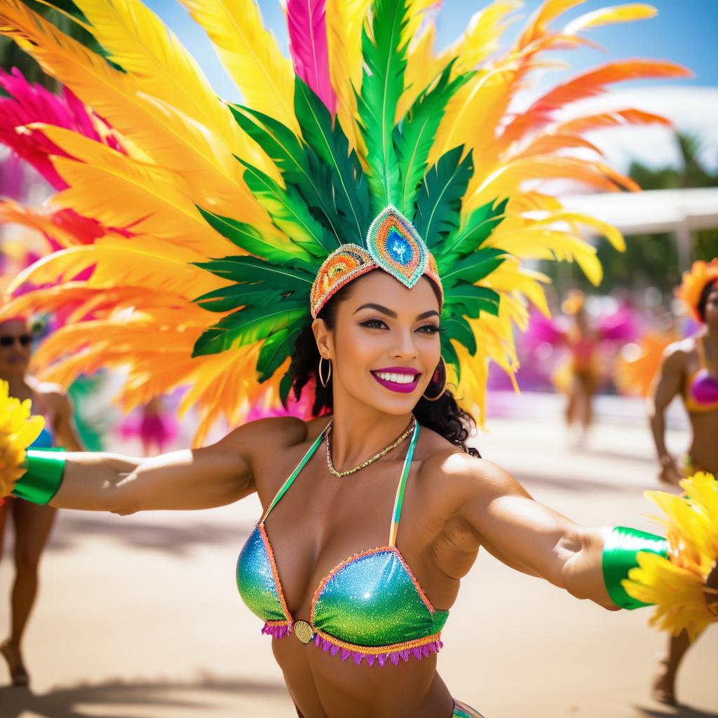 Woman in Carnival Outfit with Colorful Feathers