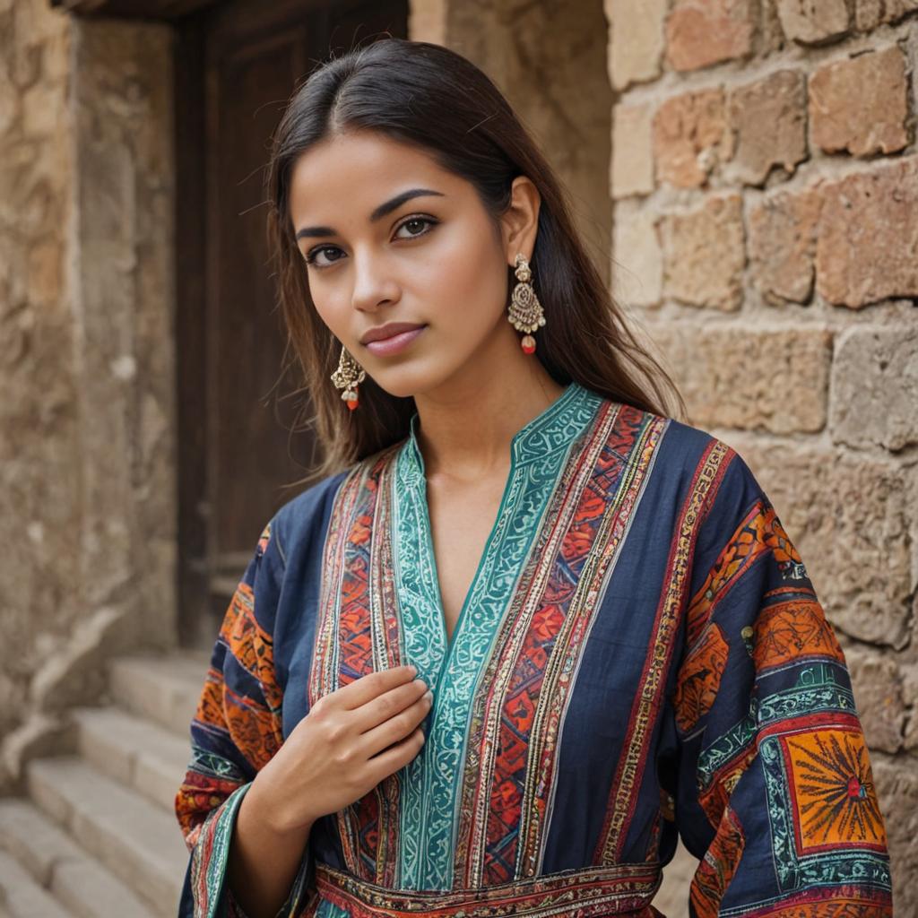 Woman in Vibrant Ethnic Patterns Against Stone Wall