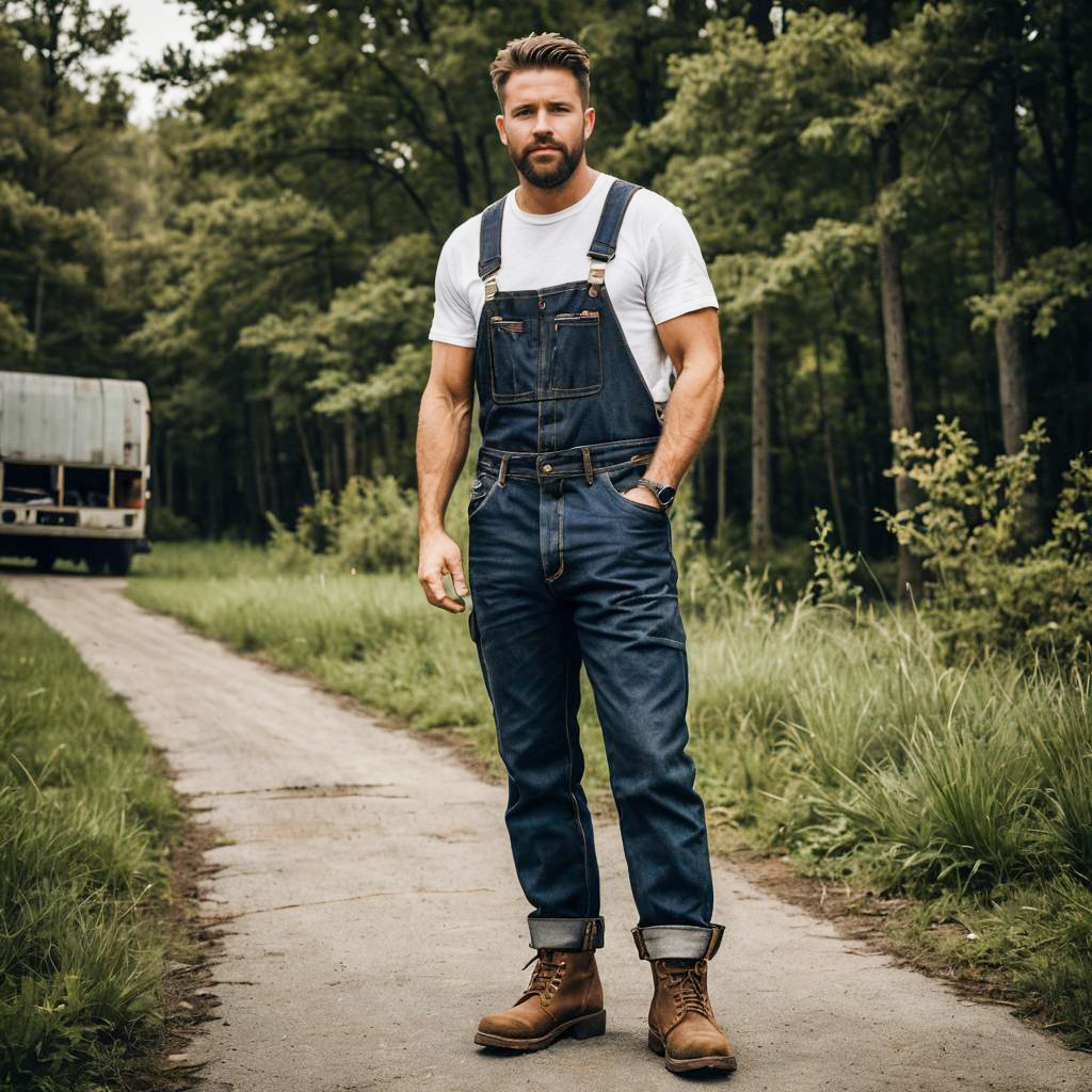 Man Wearing Denim Overalls and Boots Standing on Forest Path