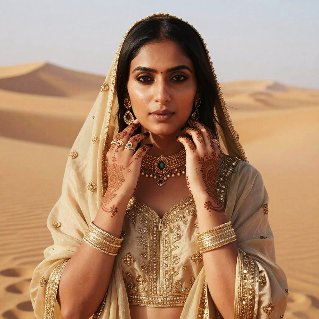 Traditional South Asian Woman in Desert Wearing Embroidered Gold Attire and Henna