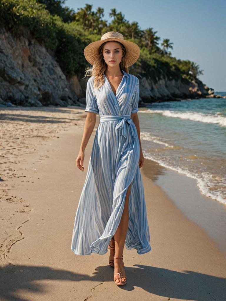 Woman in Striped Dress on Beach