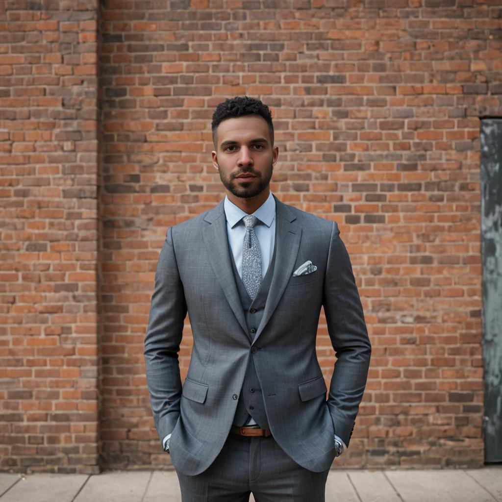 Stylish man in tailored gray suit against brick wall