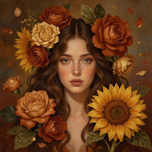 Realistic Portrait of Woman with Roses and Sunflower Crown