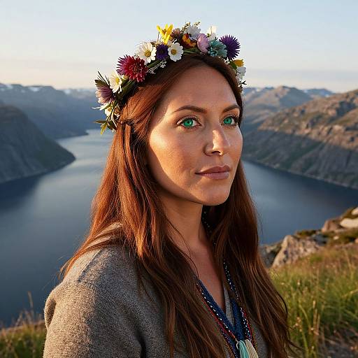 Woman Wearing Floral Crown by Fjord Landscape