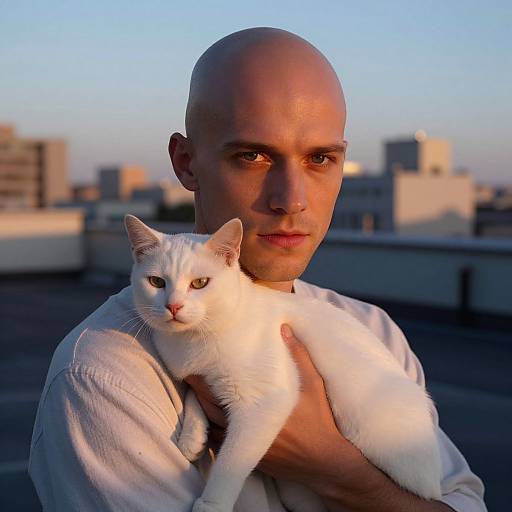 Bald Man Holding White Cat on Urban Rooftop at Sunset