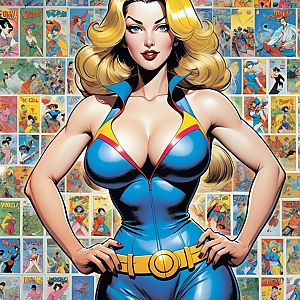 Confident Blonde Woman in Blue Yellow Superhero Costume with Comic Art Background