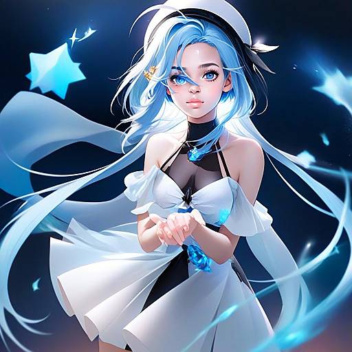 Fantasy Digital Anime Art of Young Woman with Blue Hair and Glowing Accents