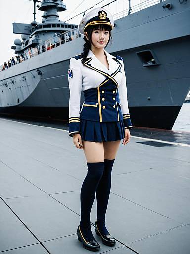 Admiral Warship Girl in Navy Uniform on Ship Deck