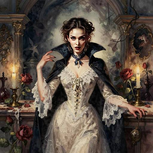 Victorian Woman in Gothic Lace Gown with Dark Cape and Candlelit Roses
