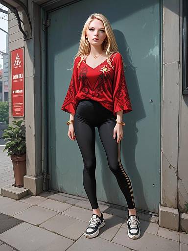 Woman in Casual Red Graphic Top and Black Leggings Full Body Shot