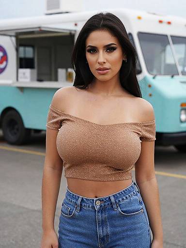 Voluptuous Woman Wearing Shimmering Brown Off-The-Shoulder Cropped Top and Blue Jeans