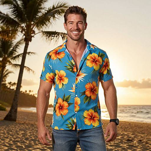 Man Wearing Blue Hawaiian Shirt on Tropical Beach at Sunset