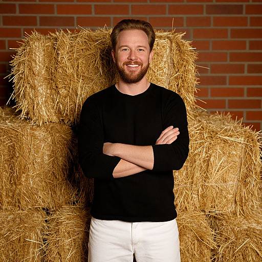 Confident Man Standing with Arms Crossed in Front of Hay Bales