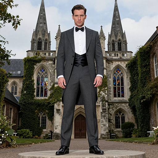 Man in Grey Morning Suit Standing Before Gothic Cathedral