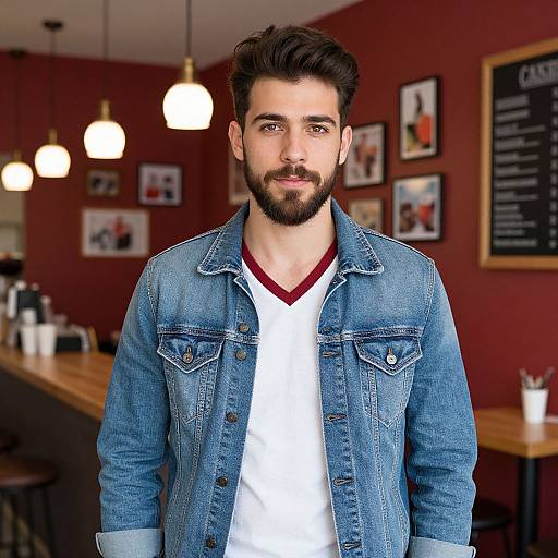 Young Man in Denim Jacket Posing in Cozy Cafe Interior