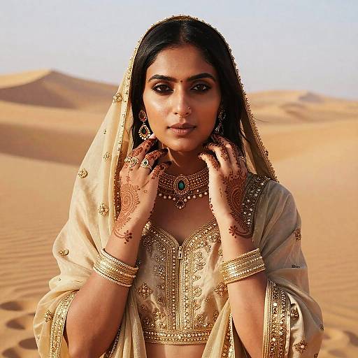 Traditional South Asian Woman in Desert Wearing Embroidered Gold Attire and Henna