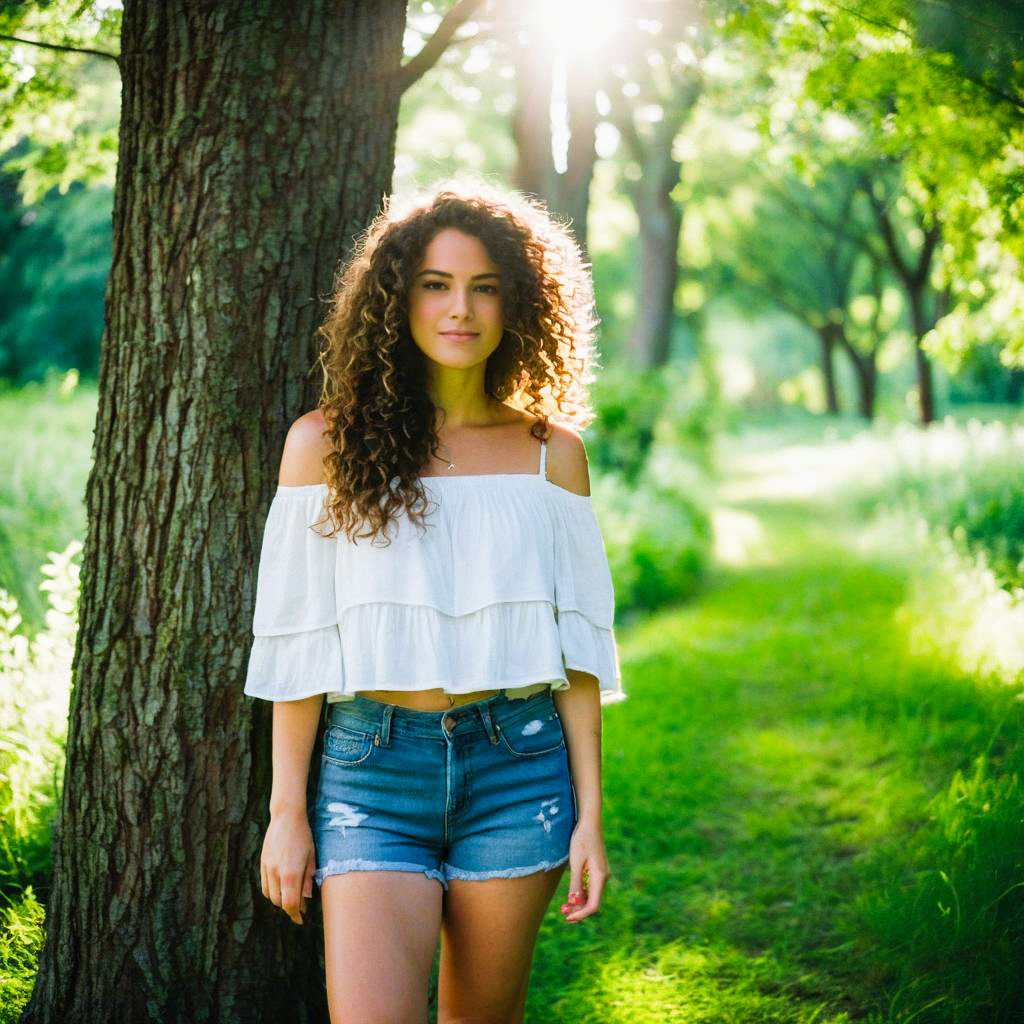 Confident Young Woman in Sunlit Forest Confident Young Woman in Sunlit Forest