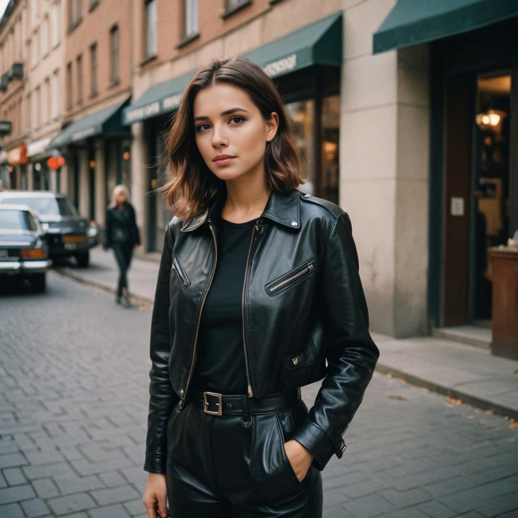 Stylish Woman in Urban Street with Classic Cars