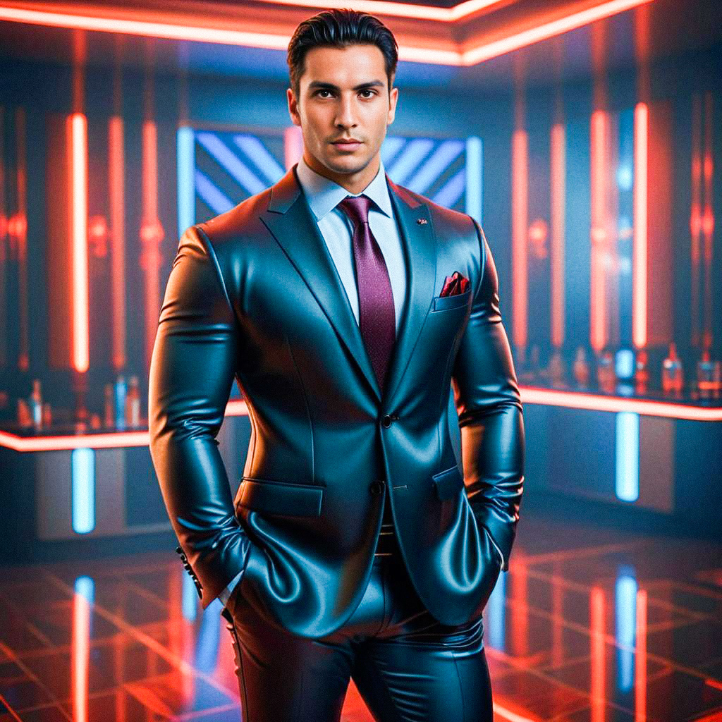 Confident Man in Tailored Suit with Neon Lights