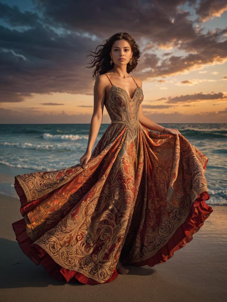 Woman on Beach at Sunset with Flowing Dress