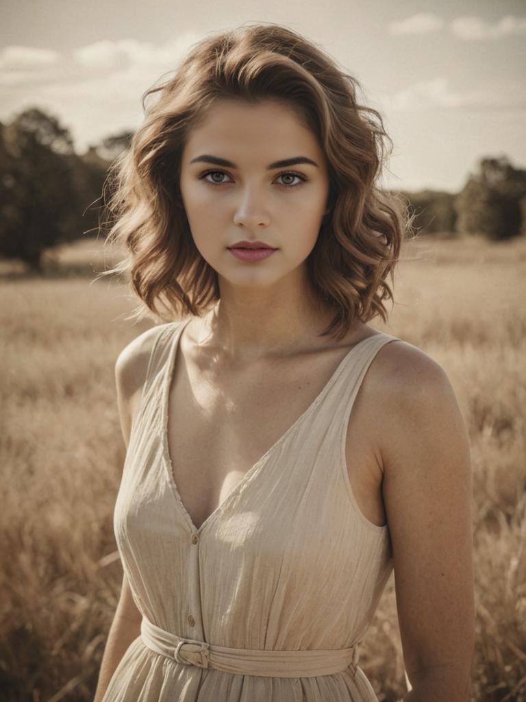 Sepia-toned portrait of elegant woman in field