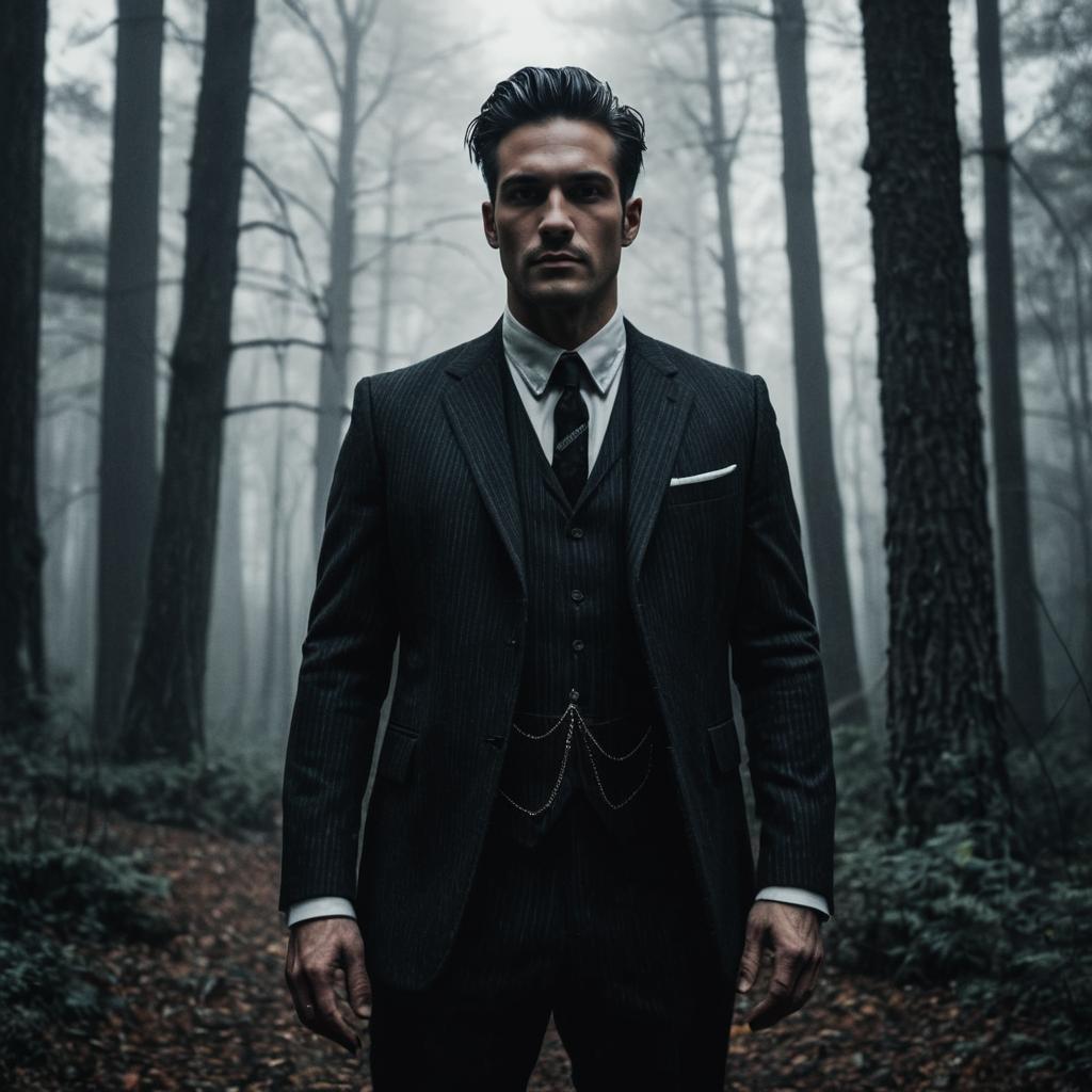Confident Man in Dark Suit in Misty Forest