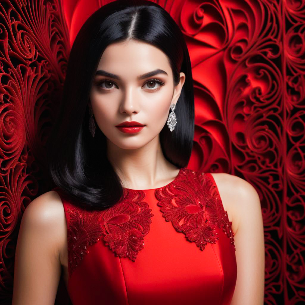 Elegant Woman in Red Dress Against Textured Backdrop