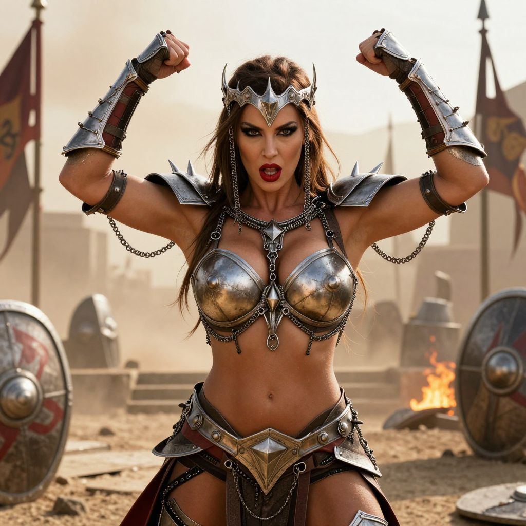 Fierce Woman Warrior in Metallic Fantasy Armor on Battlefield