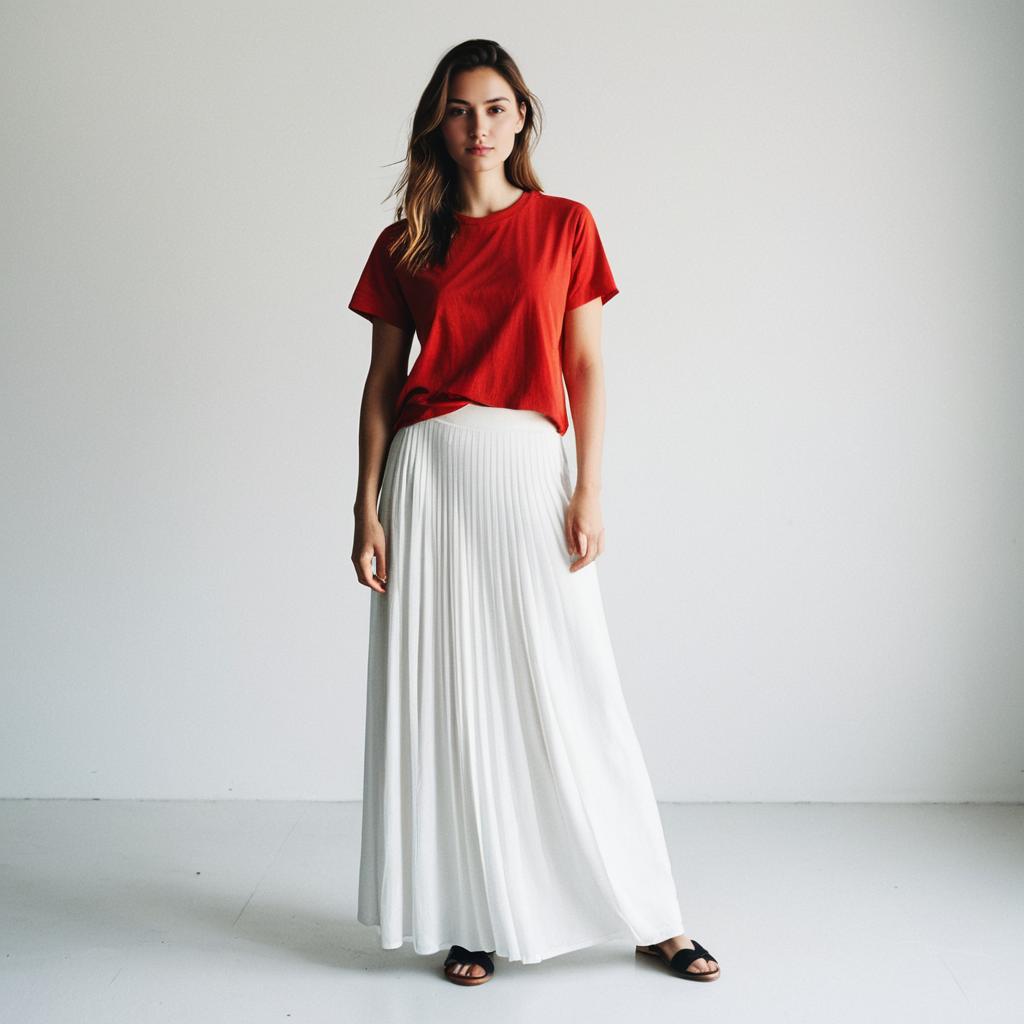 Woman in Red T-Shirt and White Maxi Skirt
