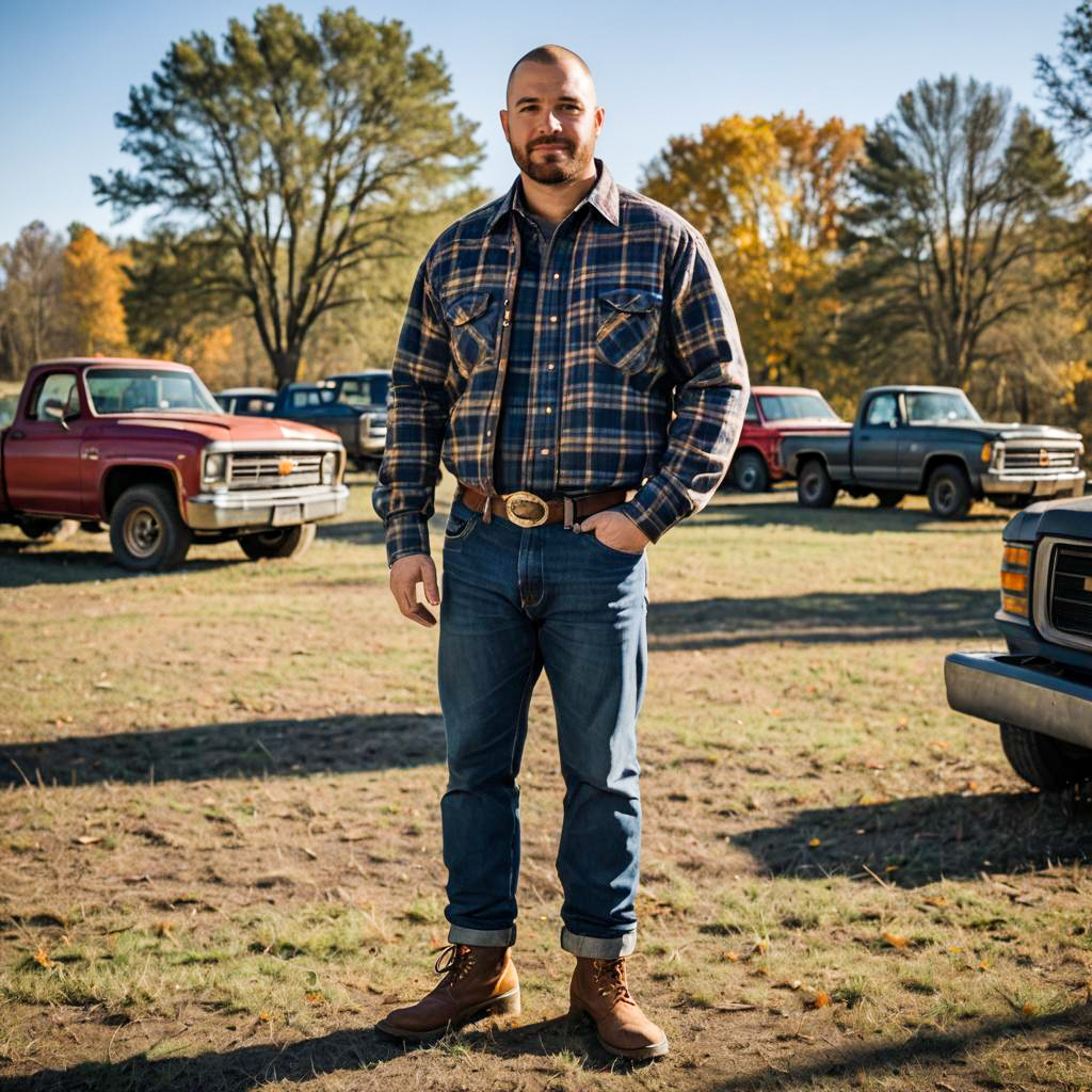 Man in Plaid Shirt with Classic Pickup Trucks Outdoors in Autumn
