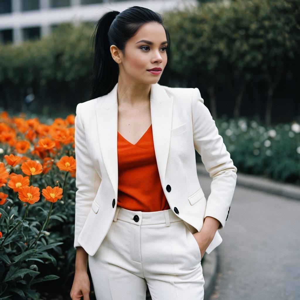 Elegant Woman in White Suit with Orange Top by Flower Garden