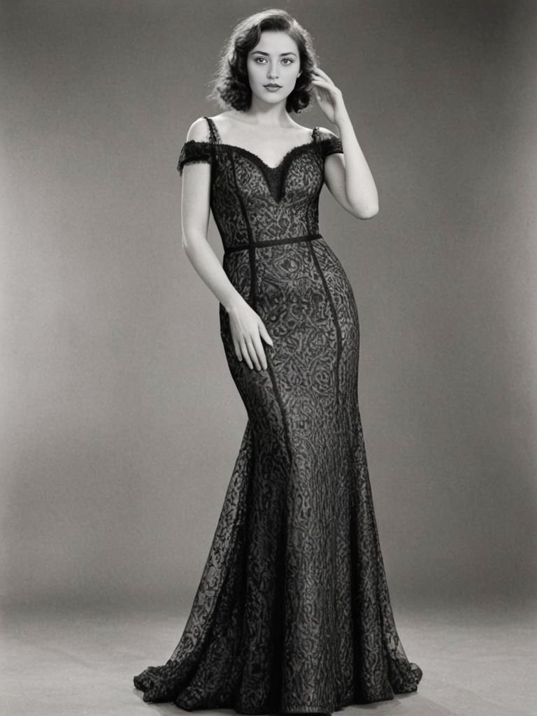 Elegant Woman in Vintage Black Lace Gown