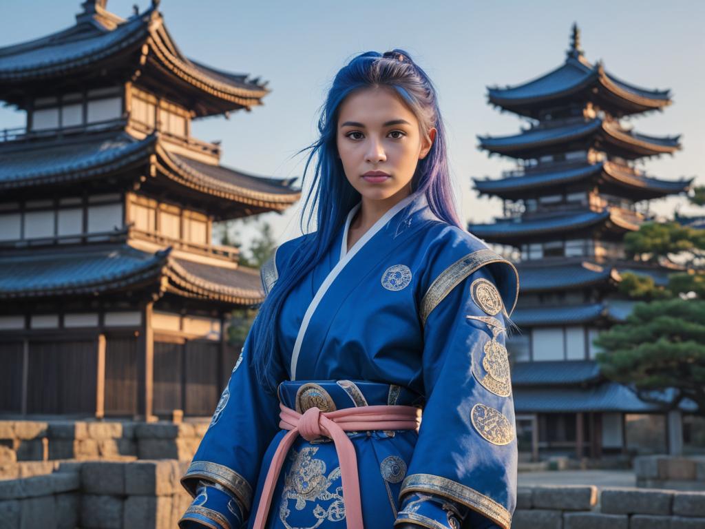 Young Woman in Blue Kimono at Japanese Temple