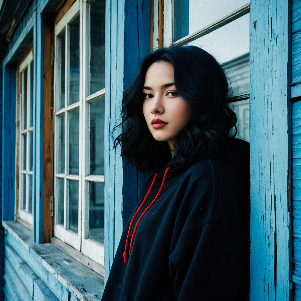Woman in Black Hoodie with Red Drawstrings by Rustic Blue Building