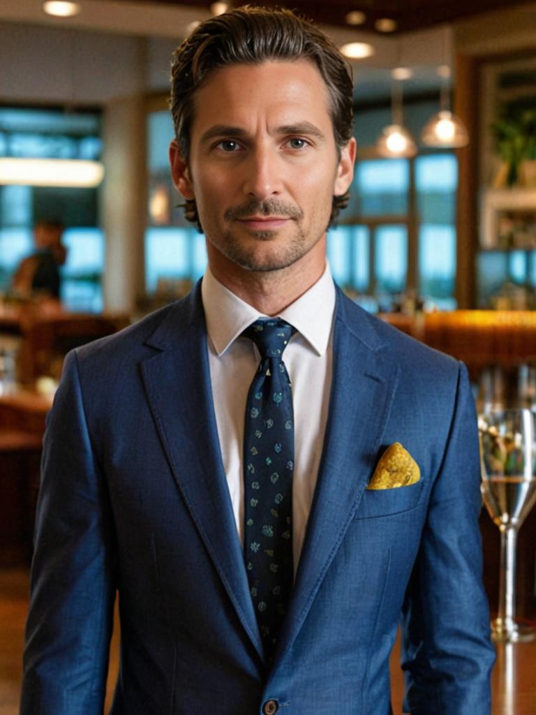 Man in Navy Suit with Patterned Tie and Pocket Square