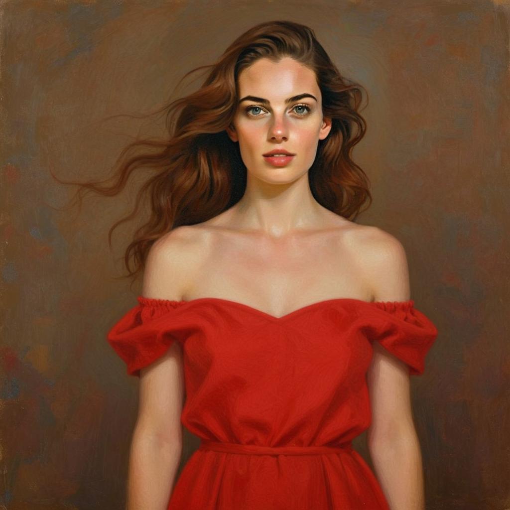 Realistic Oil Portrait of Woman in Red Dress with Flowing Hair