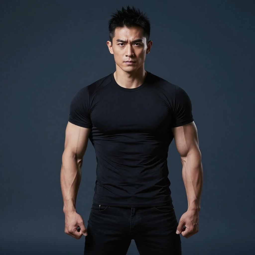 Muscular Asian Man in Black T-Shirt Showing Strength and Confidence